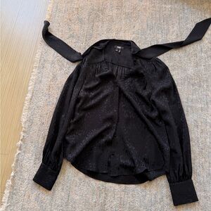 PAIGE Black Satin Tie-Neck Button-Down Blouse